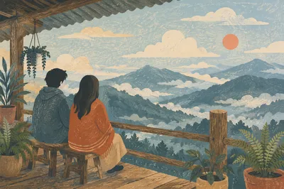 Peaceful Balcony Terrace Morning Mountain View