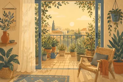 Peaceful Morning Balcony Terrace with Plants