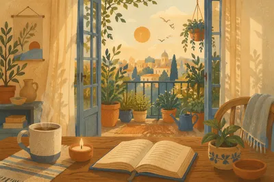 Morning Balcony Terrace with Plants and Mug