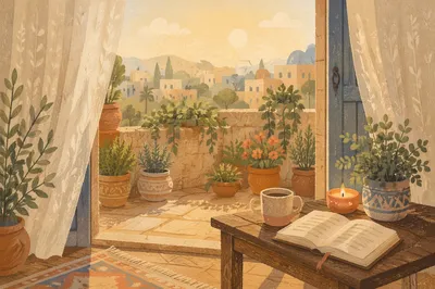 Morning Balcony Terrace with Potted Plants