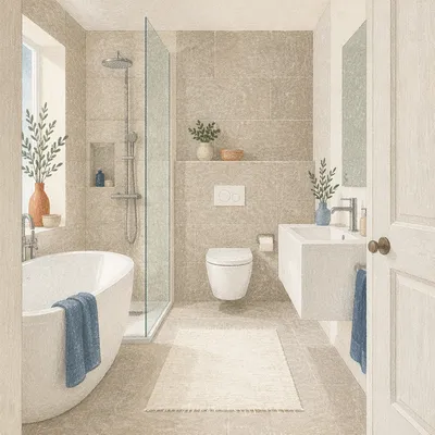 Modern White Bathroom with Clean Greige Tiles