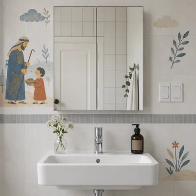 Modern White Tiled Bathroom with Flowers