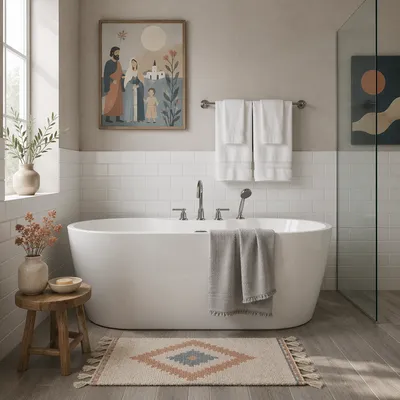 Clean Modern White Tile Bathroom Interior