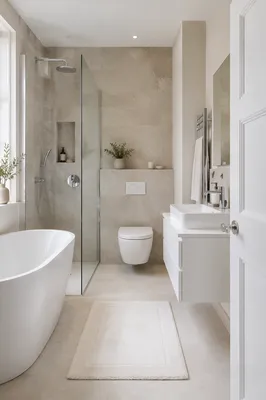 Modern White Bathroom With Greige Tiles
