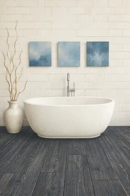 Minimalist White Bathroom With Blue Wall Art