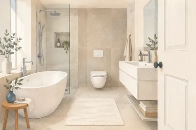 Modern White Bathroom with Greige Tiles