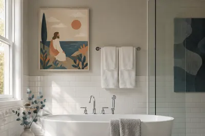 Modern White Tile Bathroom With Bathtub