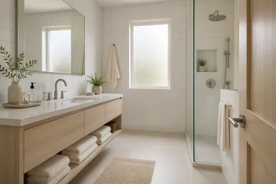 Modern Clean White Tile Bathroom Interior