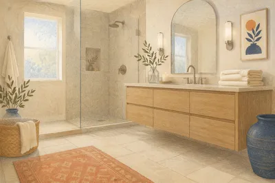Peaceful Modern White Tile Bathroom Interior