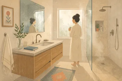 Modern White Bathroom with Oak Vanity
