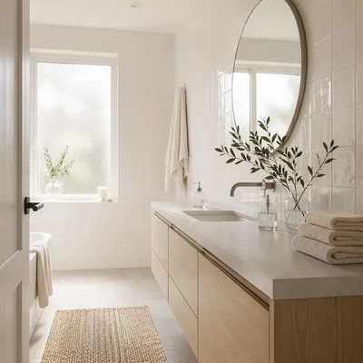Modern White Tile Bathroom with Peaceful Morning Light