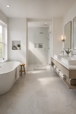 Modern White Tile Bathroom With Serene Morning Light