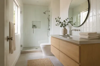Modern White Tile Bathroom with Oak Vanity