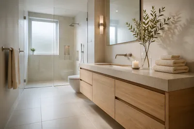 Peaceful Modern White Tile Bathroom Interior
