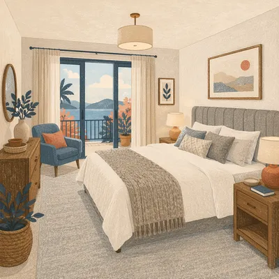 Cozy Modern Bedroom With Warm Lamp Light