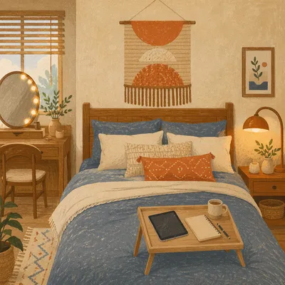 Cozy Warm Bedroom With Woven Wall Hanging