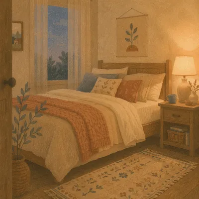 Cozy Evening Bedroom with Warm Lamp Light