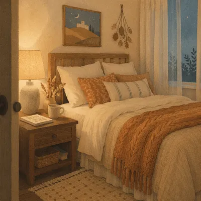 Cozy Bedroom Corner with Warm Lamp Light