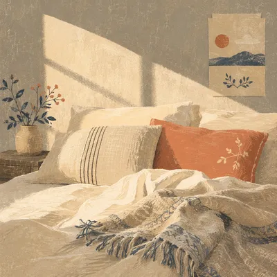 Cozy Bedroom Bed in Morning Light
