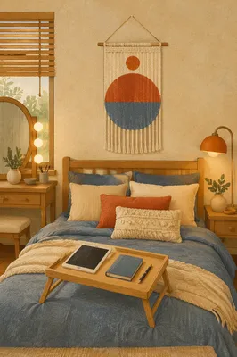 Cozy Warm Bedroom with Woven Wall Decor