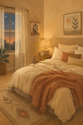 Cozy Bedroom Bed in Warm Evening Light