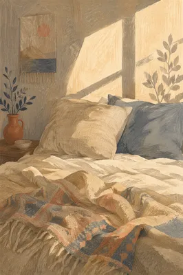 Cozy Sunlit Bedroom With Rumpled Linen Bed