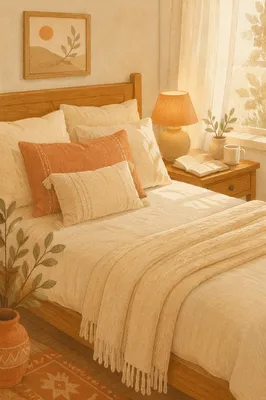 Cozy Bedroom Bed with Warm Lamp