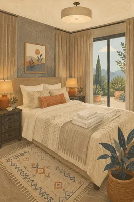 Cozy Bedroom With Warm Bedside Lamps