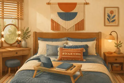 Cozy Warm Bedroom with Woven Wall Hanging