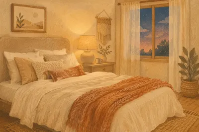 Cozy Bedroom Bed in Warm Evening Light