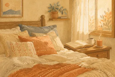 Cozy Bedroom with Unmade Bed at Sunrise