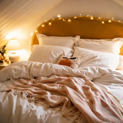 Cozy Bedroom Bed with Warm Fairy Lights