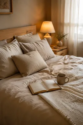 Cozy Bedroom Bed with Warm Lamp