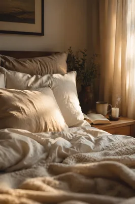 Cozy Bedroom Bed in Warm Sunrise