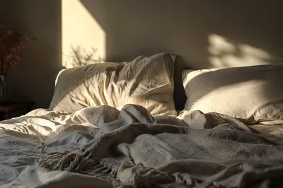Cozy Sunlit Bedroom with Rumpled Linen Bed