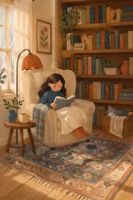 Cozy Reading Corner with Tall Bookshelf