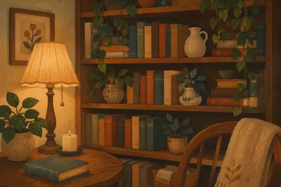 Cozy Bookshelf Reading Corner with Warm Light