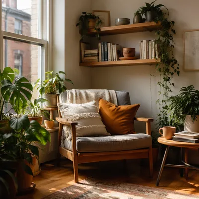 Cozy Bookshelf Reading Corner with Houseplants