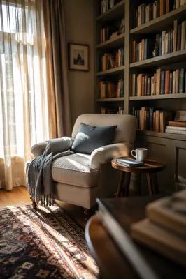 Cozy Reading Corner with Tall Bookshelf