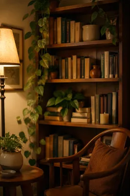 Cozy Bookshelf Reading Corner with Warm Light