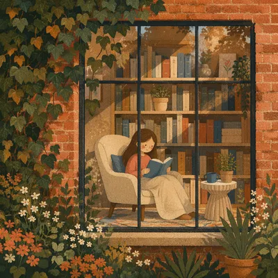 Cozy Home Library Through Garden Window