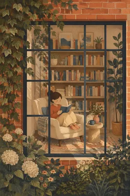 Cozy Home Library Through Garden Window