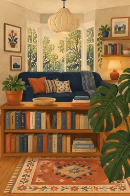 Cozy Home Library with Navy Sofa