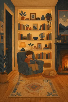 Cozy Home Library Bookshelf Evening Nook