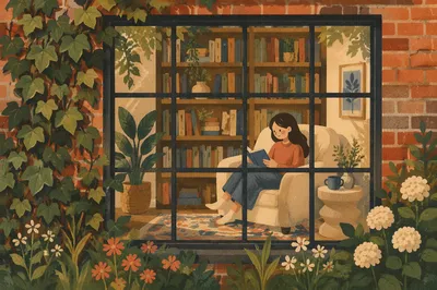 Cozy Home Library Through Garden Window