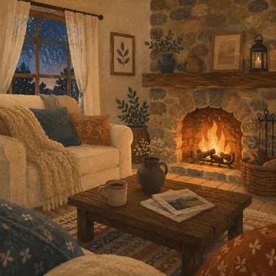 Cozy Living Room Fireplace at Warm Evening