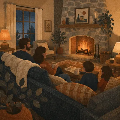 Cozy Living Room Fireplace at Dusk