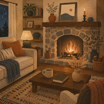 Cozy Living Room Fireplace Evening Glow
