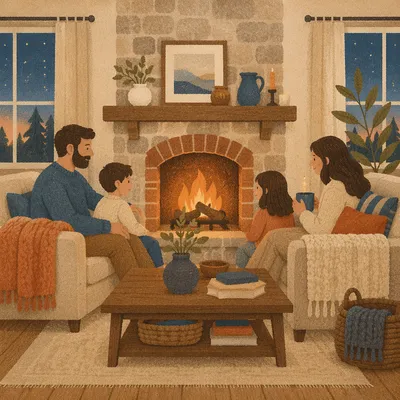 Cozy Farmhouse Living Room Fireplace Evening