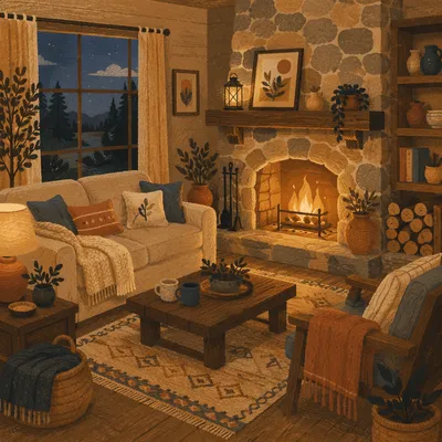 Cozy Living Room Fireplace at Warm Evening